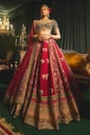 Buy_Roqa_Red Lehenga Raw Silk Embroidery Zari Leaf Neck Faragh Resham Bridal Set _at_Aza_Fashions