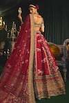 Shop_Roqa_Red Lehenga Raw Silk Embroidery Zari Leaf Neck Faragh Resham Bridal Set _at_Aza_Fashions