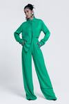 Buy_Pocketful Of Cherrie_Green Viscose Satin Embroidery Thread Echo Bead Embellished Straight Trouser _at_Aza_Fashions