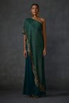 Namrata Joshipura_Green Jersey Embellished Bead One Shoulder Autumn Fern Overlap Panel Jumpsuit _Online_at_Aza_Fashions