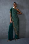 Buy_Namrata Joshipura_Green Jersey Embellished Bead One Shoulder Autumn Fern Overlap Panel Jumpsuit 