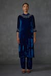 Buy_Namrata Joshipura_Blue Velvet Embellished Jewel Round Kurta With Pant _at_Aza_Fashions