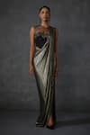 Namrata Joshipura_Gold Jersey Embroidered Beads Lattice Metallic Pre-draped Saree With Corset _Online_at_Aza_Fashions