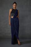 Buy_Namrata Joshipura_Blue Shimmer Jersey Embellished Frindges Grove Pre-draped Saree With Blouse _at_Aza_Fashions