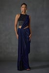 Shop_Namrata Joshipura_Blue Shimmer Jersey Embellished Frindges Grove Pre-draped Saree With Blouse _at_Aza_Fashions