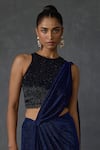 Namrata Joshipura_Blue Shimmer Jersey Embellished Frindges Grove Pre-draped Saree With Blouse _Online_at_Aza_Fashions