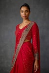 Shop_Namrata Joshipura_Red Georgette Embroidered Sequin V-neck Lattice Pre-draped Saree With Blouse _Online_at_Aza_Fashions