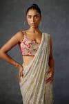 Shop_Namrata Joshipura_Beige Shimmer Crepe Embroidered Autumn Bloom Godet Pre-draped Saree With Blouse _Online_at_Aza_Fashions