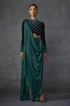 Buy_Namrata Joshipura_Green Shimmer Crepe Embroidered Stone Closed Round Jewel Pre-draped Saree Set _at_Aza_Fashions