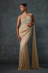 Buy_Namrata Joshipura_Gold Shimmer Crepe Embroidered Beads Glissara Godet Pre-draped Saree With Blouse _at_Aza_Fashions