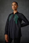 Shop_Namrata Joshipura_Black Silk Voile Embroidered Beads Collar Winter Floral Shirt _Online_at_Aza_Fashions