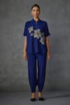 Buy_Namrata Joshipura_Blue Textured Crepe Embroidered Tube Beads Collar Bloomwave Floral Top _at_Aza_Fashions