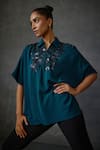 Buy_NAMRATA JOSHIPURA_Green Textured Crepe Embroidered Sequin Collar Paillette Blossom Top _Online_at_Aza_Fashions