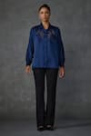 Namrata Joshipura_Blue Satin Embroidered Beads Collar Winter Flower Shirt _Online_at_Aza_Fashions