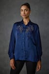 Buy_Namrata Joshipura_Blue Satin Embroidered Beads Collar Winter Flower Shirt _Online_at_Aza_Fashions