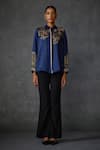 NAMRATA JOSHIPURA_Blue Linen Satin Embroidered Stripped Collar Paisley Shirt _Online_at_Aza_Fashions