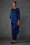 Buy_NAMRATA JOSHIPURA_Blue Satin Hand Embellishment Paisley Peizuli Asymmetric Hem Tunic With Pant _Online_at_Aza_Fashions