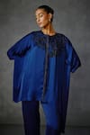 Shop_NAMRATA JOSHIPURA_Blue Satin Hand Embellishment Paisley Peizuli Asymmetric Hem Tunic With Pant _Online_at_Aza_Fashions