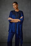 NAMRATA JOSHIPURA_Blue Satin Hand Embellishment Paisley Peizuli Asymmetric Hem Tunic With Pant _at_Aza_Fashions