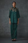 Buy_Namrata Joshipura_Green Satin Hand Embellishment Floral Collared Blossom Shirt With Pant _at_Aza_Fashions