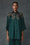 Buy_NAMRATA JOSHIPURA_Green Satin Hand Embellishment Floral Collared Blossom Shirt With Pant _Online_at_Aza_Fashions