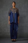 Buy_NAMRATA JOSHIPURA_Blue Satin Hand Embellishment Paisley Round Tunic With Pant _Online_at_Aza_Fashions