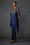 Shop_NAMRATA JOSHIPURA_Blue Satin Hand Embellishment Paisley Round Tunic With Pant _Online_at_Aza_Fashions