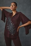 Namrata Joshipura_Brown Jersey Hand Embellishment Leaf Collared Flaux Petal Tunic With Pant _at_Aza_Fashions