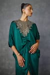 Shop_NAMRATA JOSHIPURA_Green Satin Hand Embellishment Floral Round Lattice Dress _Online_at_Aza_Fashions