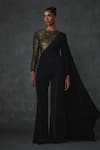 Buy_NAMRATA JOSHIPURA_Black Jersey Hand Embellishment Geometric High Dazzling Attached Drape Jumpsuit _at_Aza_Fashions