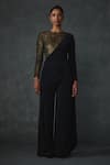 NAMRATA JOSHIPURA_Black Jersey Hand Embellishment Geometric High Dazzling Attached Drape Jumpsuit _Online_at_Aza_Fashions