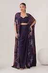 Buy_LABEL SHRISTI CHETANI_Purple Natural Crepe Embellished Bead Cape Abstract Pattern Draped Skirt Set _at_Aza_Fashions