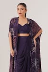 LABEL SHRISTI CHETANI_Purple Natural Crepe Embellished Bead Cape Abstract Pattern Draped Skirt Set _Online_at_Aza_Fashions