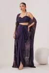 LABEL SHRISTI CHETANI_Purple Natural Crepe Embellished Bead Cape Abstract Pattern Draped Skirt Set _at_Aza_Fashions