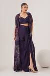 Buy_LABEL SHRISTI CHETANI_Purple Natural Crepe Embellished Bead Cape Abstract Pattern Draped Skirt Set 