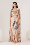 Buy_LABEL SHRISTI CHETANI_Peach Natural Crepe Embellished Bead Cape Open Abstract Motif Draped Skirt Set _at_Aza_Fashions