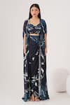 LABEL SHRISTI CHETANI_Blue Natural Crepe Embellished Bead Wave Abstract Pattern Draped Skirt Set _at_Aza_Fashions