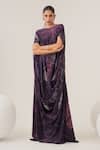 Buy_Label Shristi Chetani_Purple Crepe Beads Boat Neck Marine Pattern Draped Dress_at_Aza_Fashions
