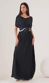 Buy_LABEL SHRISTI CHETANI_Blue Natural Crepe Embellished And Printed Belt Abstract Plain Draped Dress With _at_Aza_Fashions