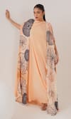 Shop_LABEL SHRISTI CHETANI_Peach Natural Crepe Embellished And Printed Cape Abstract Cape Front With Dress _Online_at_Aza_Fashions