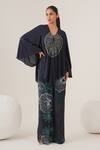 Buy_LABEL SHRISTI CHETANI_Blue Natural Crepe Embellished And Printed Abstract V Neck Top & Pant Set _at_Aza_Fashions