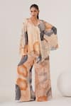 Buy_LABEL SHRISTI CHETANI_Peach Natural Crepe Print Abstract Collared Neck Boxy Top With Pant _at_Aza_Fashions