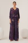 Buy_LABEL SHRISTI CHETANI_Purple Natural Crepe Print Abstract V Neck Asymmetric Top With Pant _at_Aza_Fashions