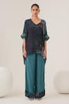 Shop_LABEL SHRISTI CHETANI_Blue Natural Crepe Print Abstract V Neck High Low Top With Pant _at_Aza_Fashions