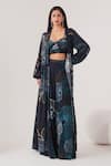 Buy_LABEL SHRISTI CHETANI_Blue Natural Crepe Print Abstract Cape Front Open And Kalidar Pant Set _at_Aza_Fashions