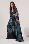 Buy_LABEL SHRISTI CHETANI_Blue Natural Crepe Print Abstract Cape Front Open And Kalidar Pant Set 