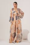 Buy_LABEL SHRISTI CHETANI_Peach Natural Crepe Print Abstract Cape Front Open And Pant Set _at_Aza_Fashions