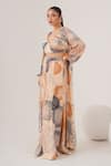 Buy_LABEL SHRISTI CHETANI_Peach Natural Crepe Print Abstract Cape Front Open And Pant Set _Online_at_Aza_Fashions