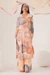 LABEL SHRISTI CHETANI_Peach Natural Crepe Print Abstract V Neck Kurta Pant Set _at_Aza_Fashions