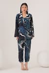 LABEL SHRISTI CHETANI_Blue Natural Crepe Print Abstract Swirl Lapel Collar Blazer Pant Set _Online_at_Aza_Fashions